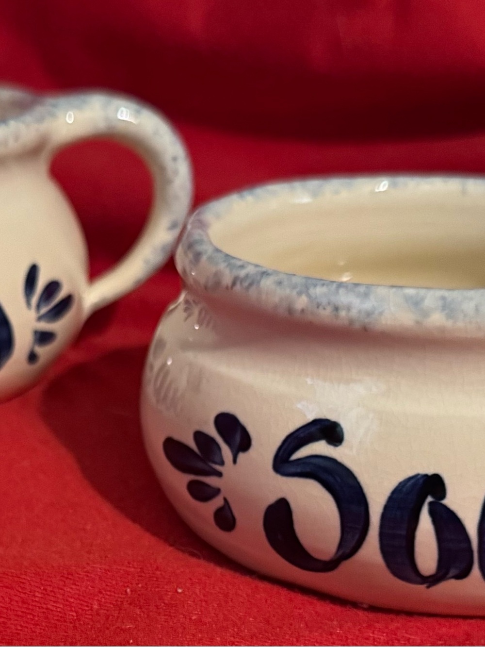 Ellis Pottery Marshall Texas . 2 soup mugs . Blue sponge ware. Never used